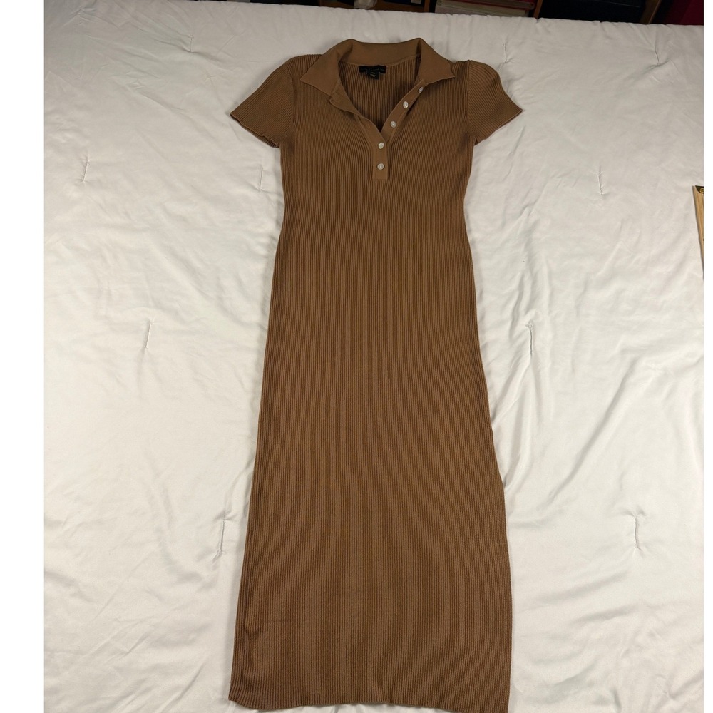 House of Harlow 1960 Brown Ribbed Polo Maxi Dress Short Sleeve Henley Small